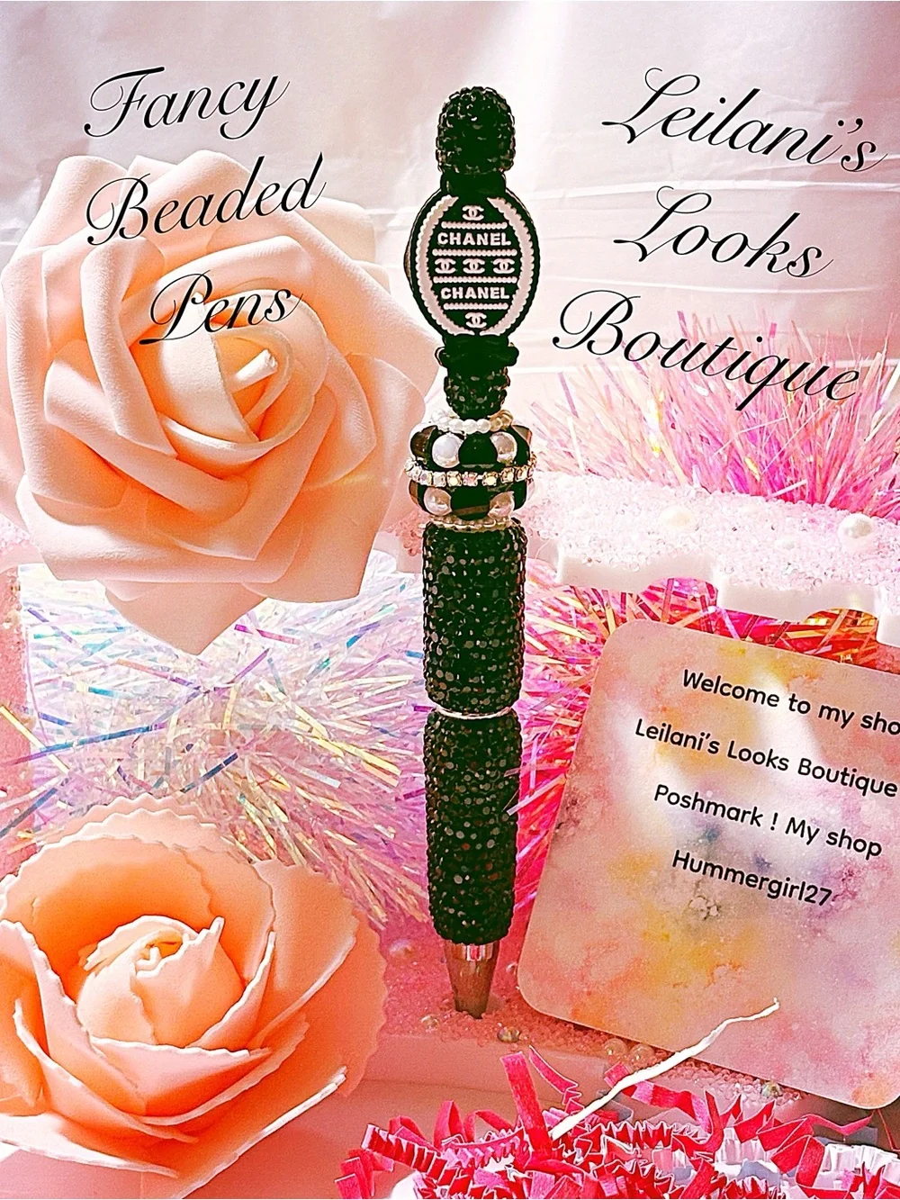 Fancy beaded Pen/gifts/black oval / black bow/black beads